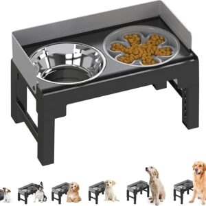 PAKEWAY Elevated Dog Bowls, Spill Proof, Tiltable Dog Feeder with 1 Stainless Steel Bowl &1 Slow Feeder Bowl, 6 Height Adjustable Raised Dog Bowls Stand for Medium Large Dogs - Image 1