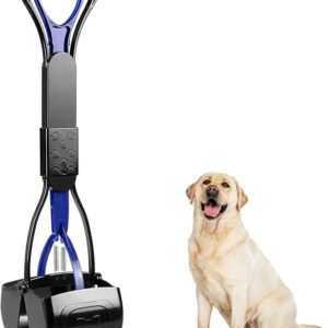 Pooper Scooper for Dogs, 24" Long Handle for One-Hand Opertating, Foldable and Portable, Easy to Use on Grass, Dirt, Gravel - Blue - Image 1