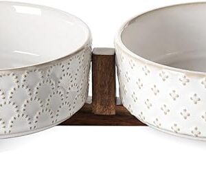 LE TAUCI Dog Bowl Set with Acacia Wood Stand - 1.5-Cup Ceramic Puppy Bowls for Small Dogs, Dual Food and Water Bowls with Weighted Non-Slip Base, Clover - Image 1