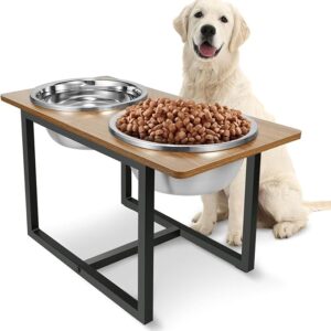 Elevated Dog Bowls for Large Dogs, Raised Dog Bowl Stand with Two X-Large Stainless Steel Bowls for Dogs, 3.5L Capacity, Rustic Walnut - Image 1