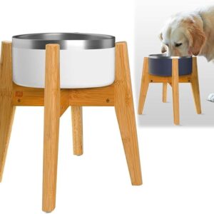 Dog Bowl Stand (14-inch High) - Ideal for Large Breeds, Use to Elevate, Raise Pet Dishes, Water Fountains and Slow Feeders - Adjustable Sideways, Bamboo - (Bowls not Included) - Image 1