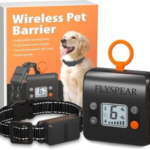 FLYSPEAR Wireless Pet Barrier - Rechargeable Indoor Barrier with 6 Adjustable Range Radius up to 7 ft, 6 Adjustable Safe Static Intensity, Electric Fence System for Dogs with Hook (Black) - Image 1