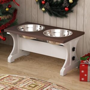 Piskyet Elevated Dog Bowls,Farmhouse Dog Bowls Stand, Raised Dog Bowl with 2 Stainless Steel Wooden Dog Bowl,3.5Cups8.5''H_30 oz Bowl-Farmhouse Style - Image 1