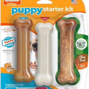 Nylabone New Puppy Starter Kit, 2 Chew Toys and 1 Natural Treat for Puppies, Puppy Teething Toy, Bacon & Chicken Flavor, Small Dogs - Up to 25 lbs., 3 Pack - Image 1