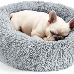Hoewina Dog & Cat Bed for Indoor Cats, 20in Calming Donut Bed for Puppy and Kitten, Washable Round Fluffy Pet Bed for Small Medium Dogs and Cats (Light Grey) - Image 1