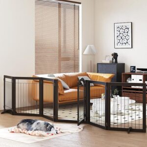 PAWLAND 144-inch Extra Wide 30-inches Tall Dog gate with Door Walk Through, Freestanding Wire Pet Gate for The House, Doorway, Stairs, Pet Puppy Safety Fence, Support Feet Included, Espresso,6 Panels - Image 1